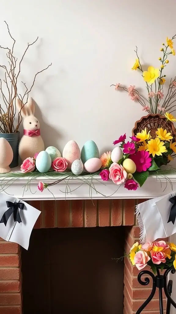 Easter mantel with pastel eggs and floral arrangements.