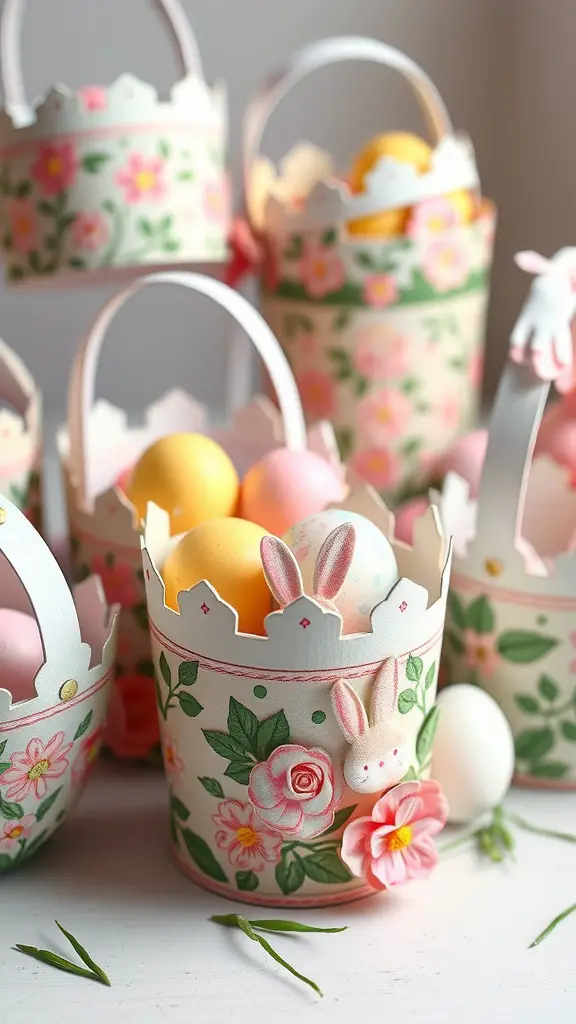 Pastel paper mache baskets decorated with flowers and filled with Easter eggs