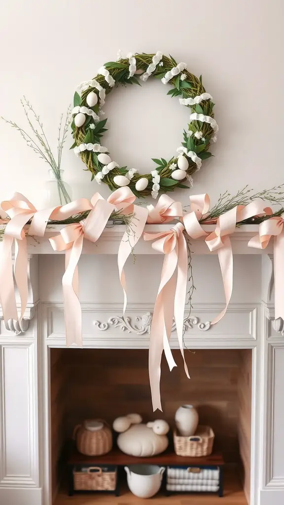 A pastel-themed Easter mantel arrangement featuring a wreath and ribbons.