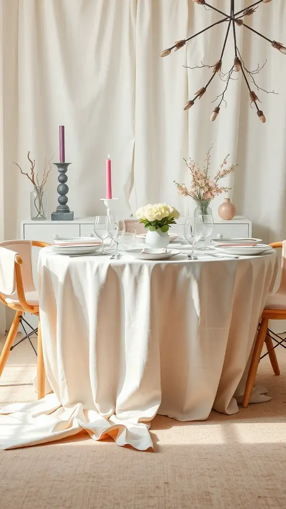 A table set with a cream tablecloth and pastel decor, featuring candles and flowers.