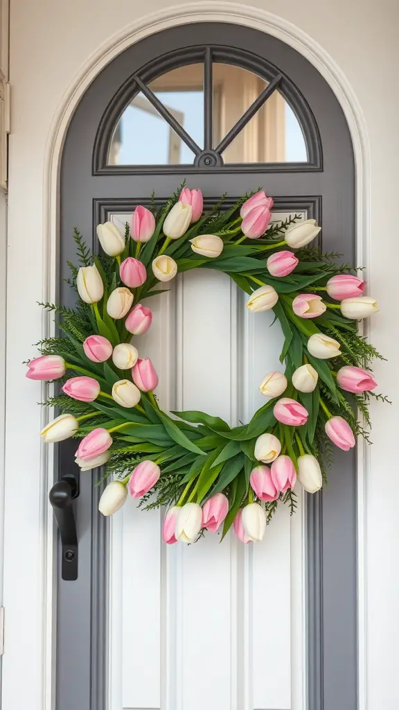 Pastel tulip wreath with pink and white tulips on a front door