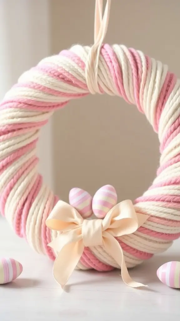 A pastel yarn-wrapped wreath with pink and white colors, decorated with a bow and Easter eggs.