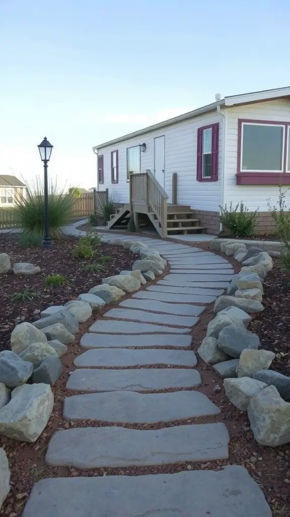 19 Creative Mobile Home Landscaping Ideas for a Stunning Outdoor Space 4 Pathway made of natural stones leading to a mobile home with a lamp post nearby.