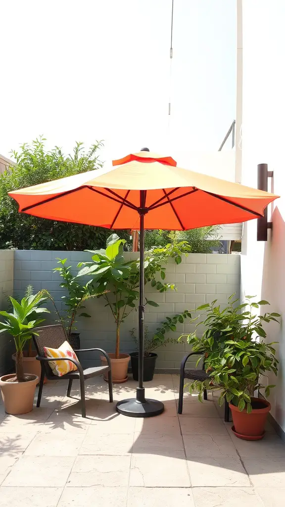 25 Creative Small Patio Ideas for Your Outdoor Space 19 A vibrant orange patio umbrella providing shade over a cozy seating area with plants