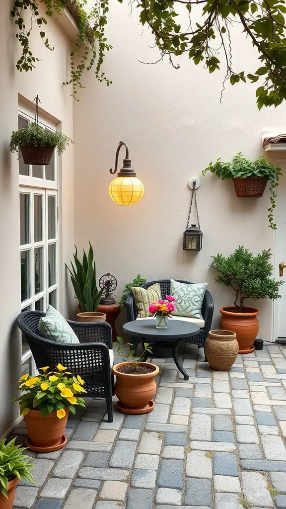 27 Creative Corner Landscaping Ideas for Your Garden 4 Cozy paved patio featuring black wicker chairs, a round table, and various potted plants.