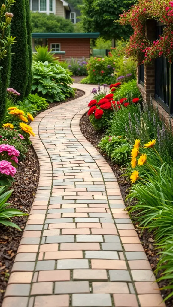 Curved paver pathway surrounded by colorful flowers and greenery