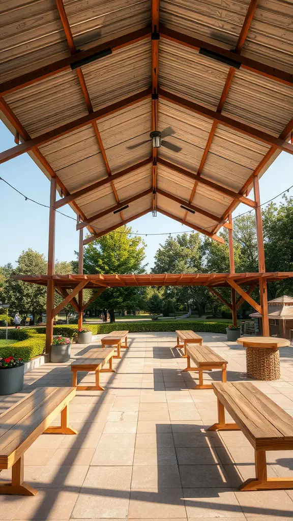 An outdoor pavilion featuring wooden beams and tables, surrounded by greenery.