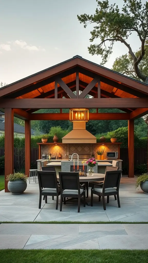 35 Creative Backyard Kitchen Ideas for Outdoor Cooking Enthusiasts 32 An outdoor pavilion with a kitchen and dining area, surrounded by greenery.
