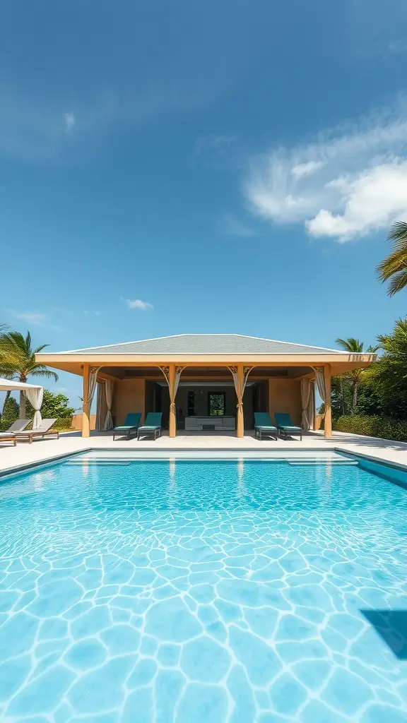 A beautiful pavilion next to a clear blue swimming pool under a bright sky.