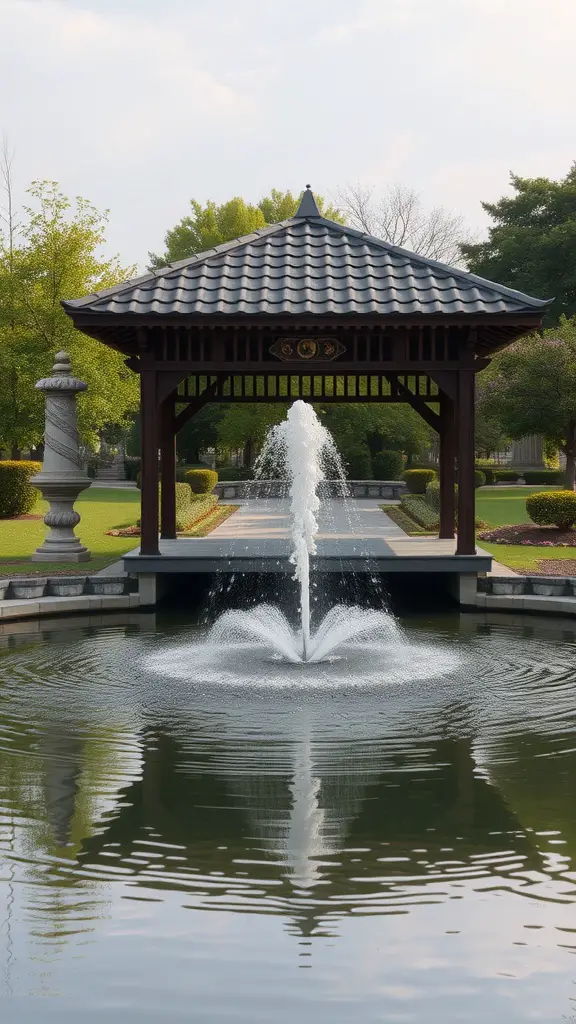 A traditional pavilion surrounded by a fountain and lush greenery in a tranquil setting.