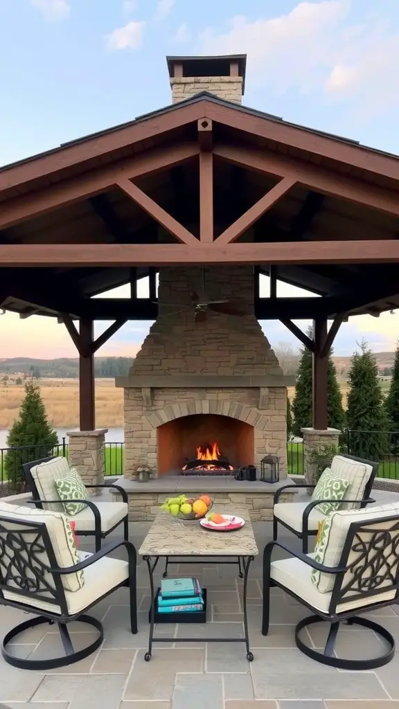 A backyard pavilion with a built-in fireplace, featuring comfortable seating and a cozy atmosphere.