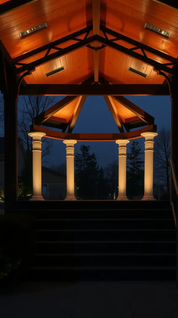 A beautifully designed pavilion with built-in lighting, featuring wooden beams and columns, illuminated in the evening.