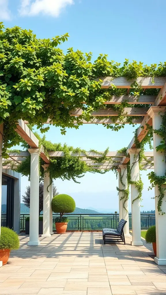 A pavilion with a wooden pergola covered in greenery, offering a scenic view.