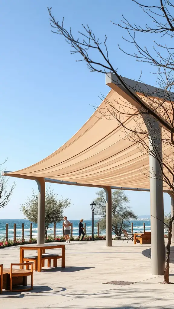 A pavilion with a retractable roof beside a water body, equipped with wooden benches and a clear blue sky.