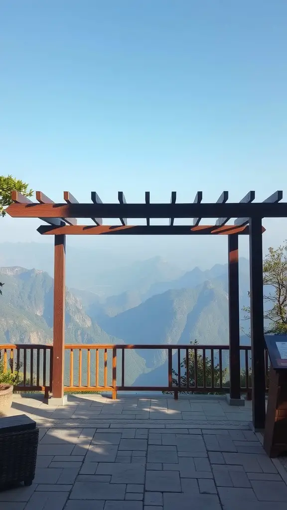 Scenic view of mountains from a wooden pavilion