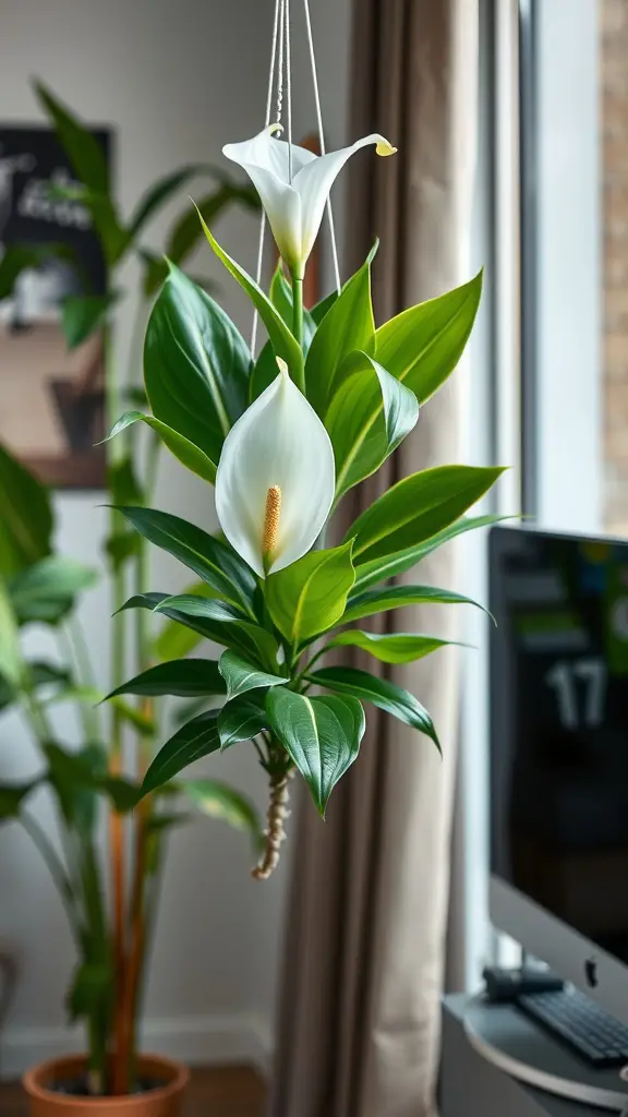 15 Stunning Hanging Plants to Beautify Your Living Room Windows 4 A Peace Lily hanging in front of a window with elegant white blooms and lush green leaves.