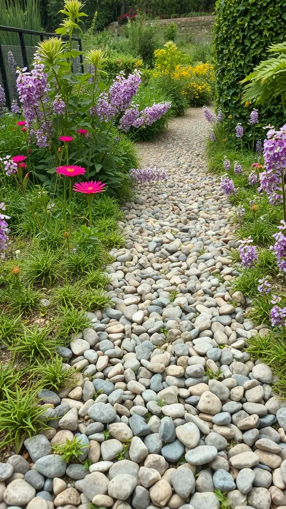 31 Creative Garden Walkway Ideas for Your Outdoor Space 14 A garden walkway made of pebbles, lined with colorful flowers on both sides.