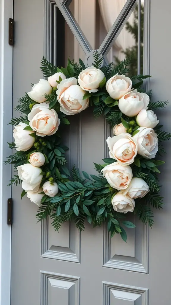 A beautiful spring wreath made of blush peonies and lush greenery hanging on a front door.