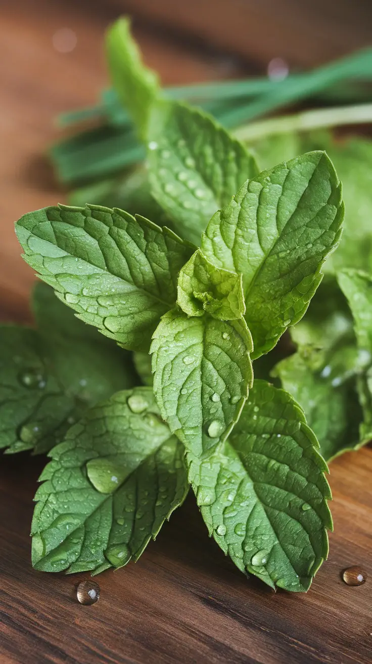 15 Effective Plants That Naturally Repel Mosquitoes 9 Close-up of fresh peppermint leaves with water droplets on a wooden surface