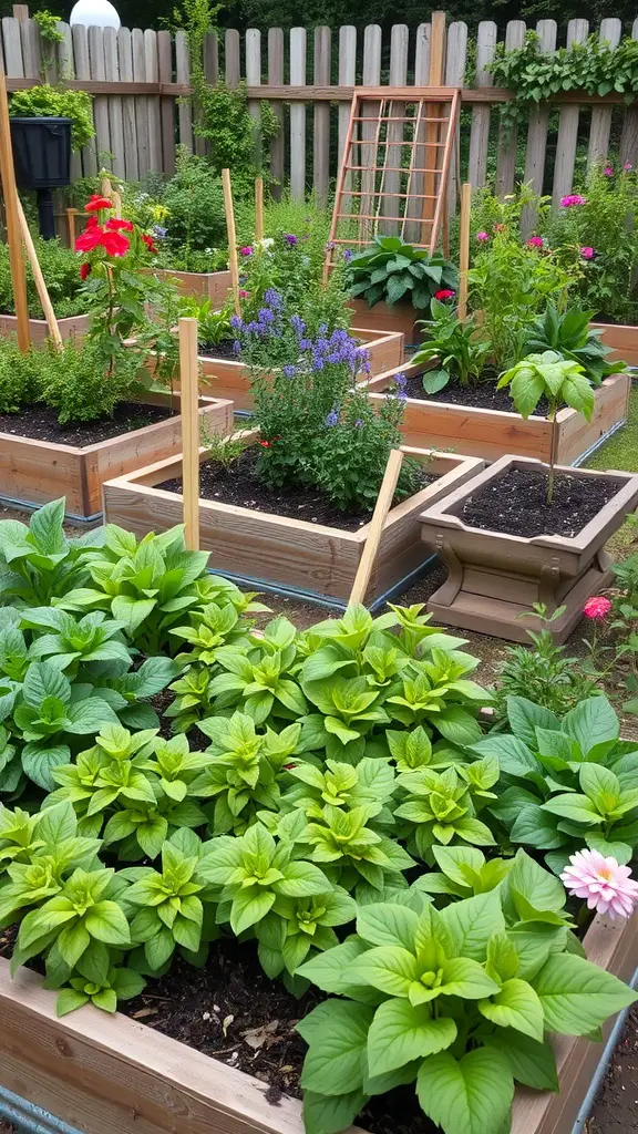 23 Stunning Perennial Garden Ideas to Transform Your Outdoor Space 21 A garden with multiple raised beds filled with various perennial plants, displaying a range of green foliage and colorful flowers.