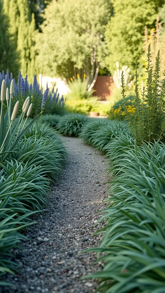 23 Stunning Perennial Garden Ideas to Transform Your Outdoor Space 17 A garden pathway lined with green perennial plants on both sides, leading to a vibrant garden.