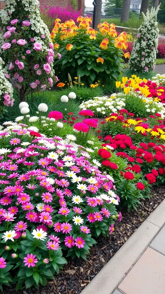 Colorful perennial flower beds featuring pink, white, red, and yellow flowers with a vibrant green backdrop.