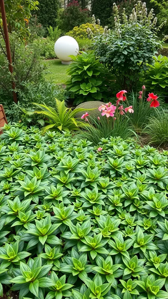 23 Stunning Perennial Garden Ideas to Transform Your Outdoor Space 14 A lush garden with vibrant green ground cover plants, surrounded by other foliage and colorful flowers.