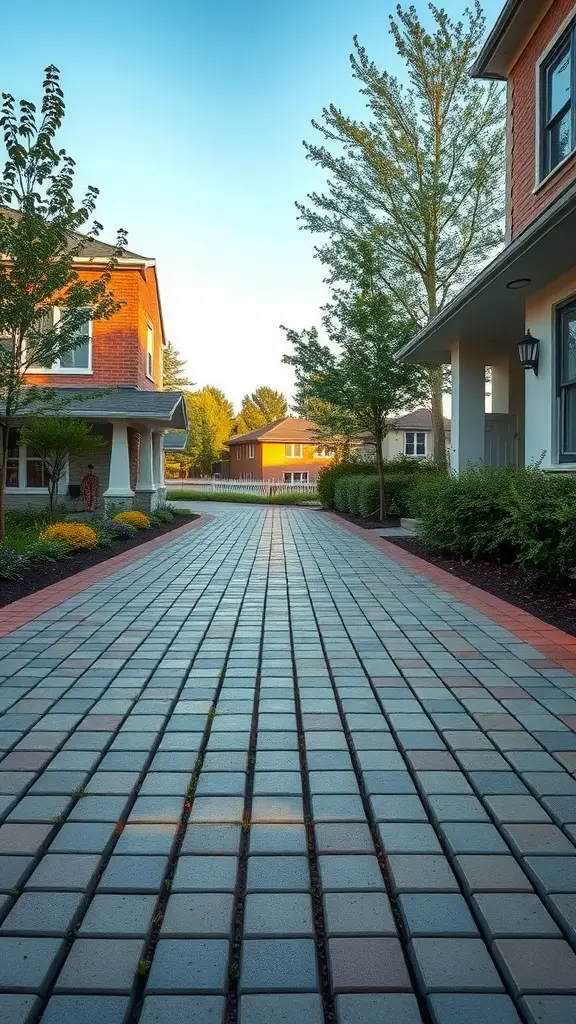 A well-designed driveway with permeable paving blocks, lined with greenery and houses on either side.