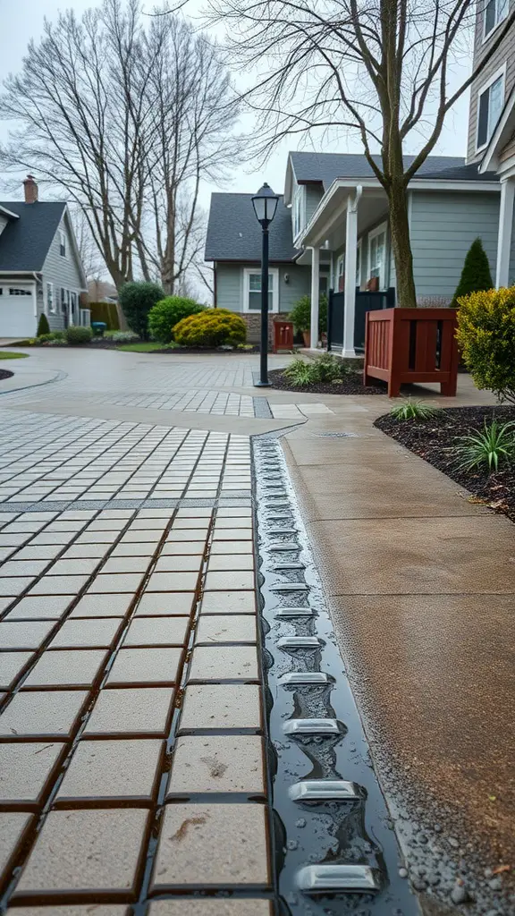 A permeable paved driveway with water flowing in drainage channels.