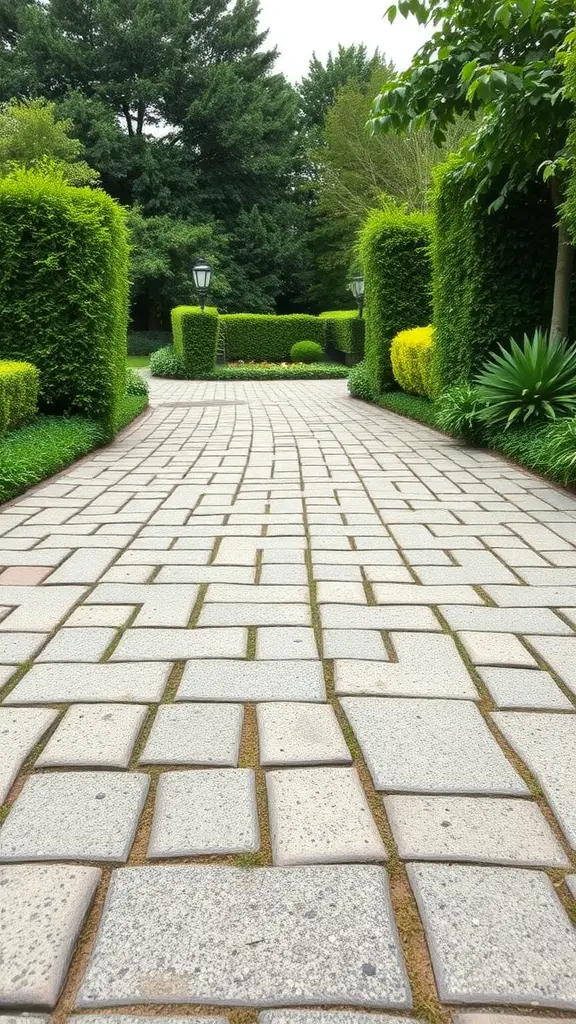 A pathway made of permeable pavers surrounded by lush green hedges and trees.