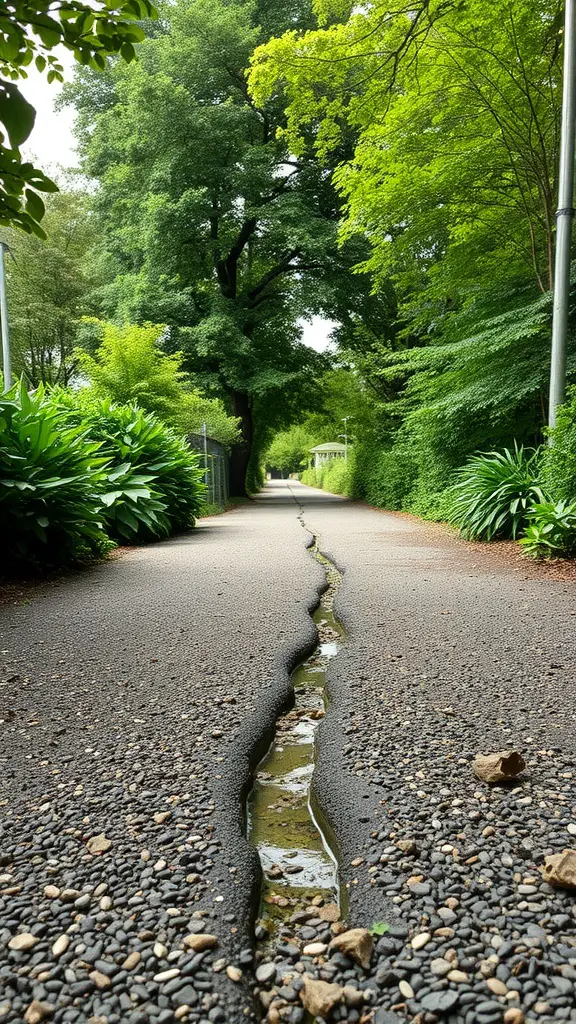 19 Creative Driveway Ideas to Enhance Your Curb Appeal 8 A permeable paved pathway with a crack allowing water drainage, surrounded by greenery