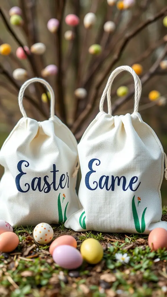 Two personalized Easter egg hunt bags with names, surrounded by colorful eggs.