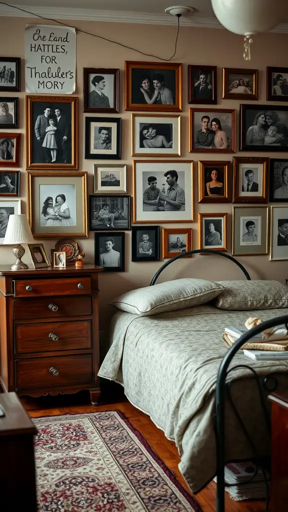 Vintage bedroom with a gallery wall of black-and-white family photographs