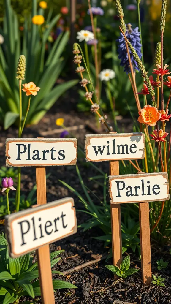 Personalized garden markers in a flower garden