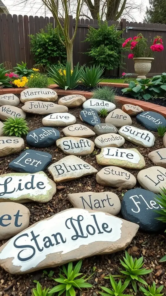 Colorful personalized garden stones with names and words amidst green plants.