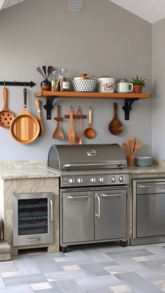 35 Creative Backyard Kitchen Ideas for Outdoor Cooking Enthusiasts 37 A backyard kitchen with a grill, wooden shelves, and various kitchen accessories.