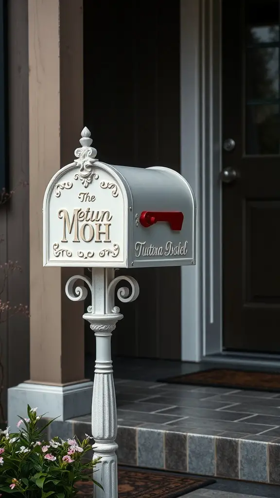 Personalized mailbox with elegant details and a custom nameplate, situated near a front porch.