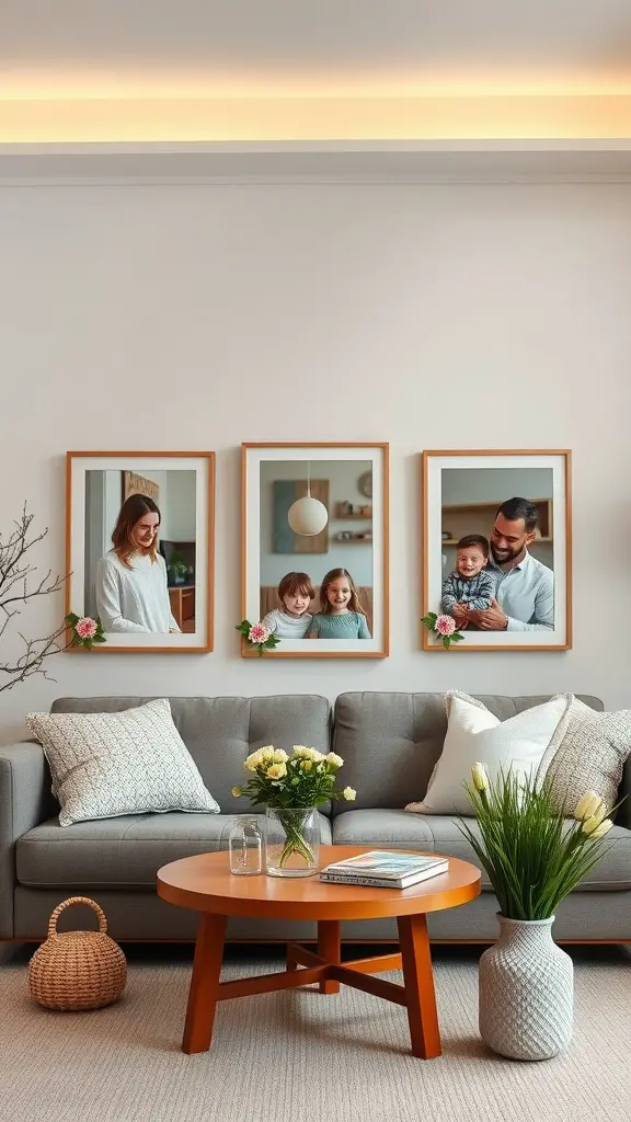 Three personalized photo frames with spring themes displayed on a wall, featuring family photos and floral decorations.