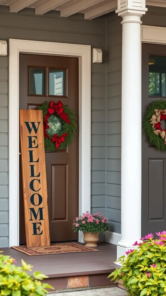 27 Cozy Front Porch Ideas for a Welcoming Home 14 A cozy front porch with a wooden welcome sign, festive wreaths, and potted flowers.