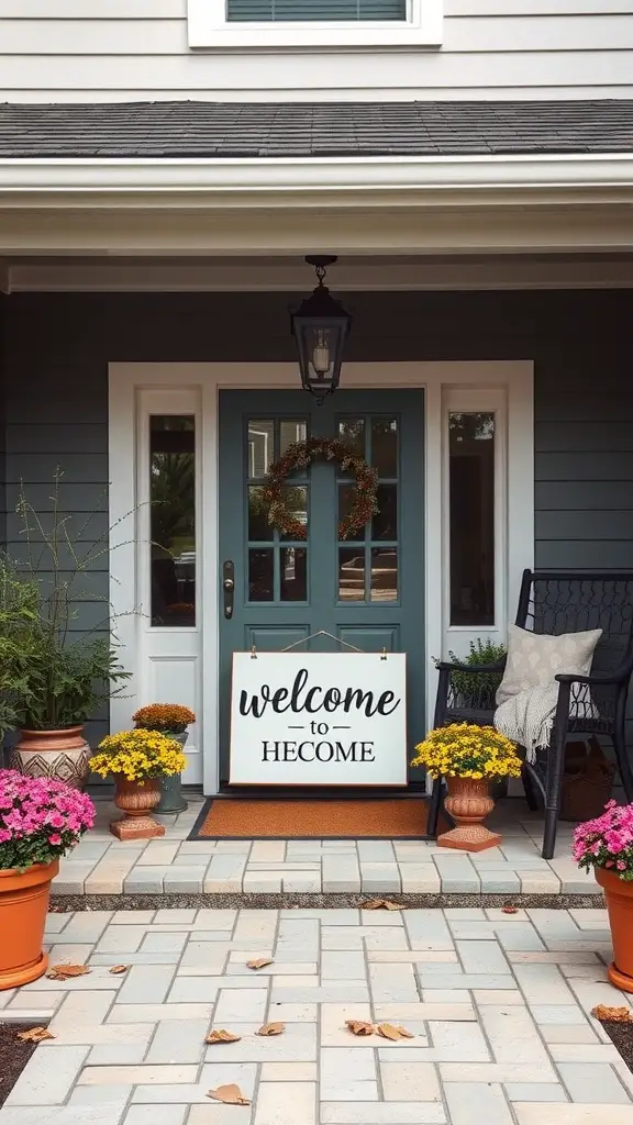 Front patio with a personalized welcome sign, colorful flowers, and cozy seating.