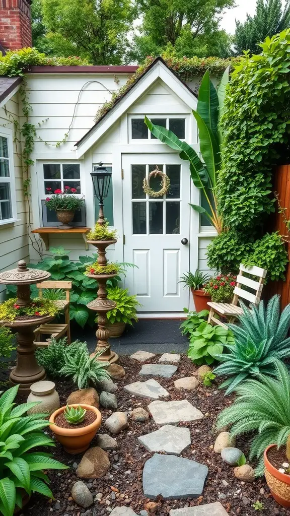 23 Stunning Cottage Garden Design Ideas for a Charming Outdoor Space 23 A charming cottage garden with a white door, stone pathway, potted plants, and cozy seating.