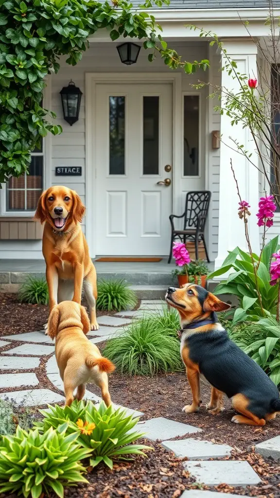 27 Stunning Front Garden Ideas to Transform Your Curb Appeal 20 A front garden featuring dogs and various plants, highlighting a pet-friendly environment.