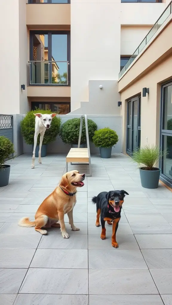 25 Stunning Outdoor Terrace Ideas to Transform Your Space 22 A pet-friendly terrace with three dogs enjoying their space, surrounded by low-maintenance plants.