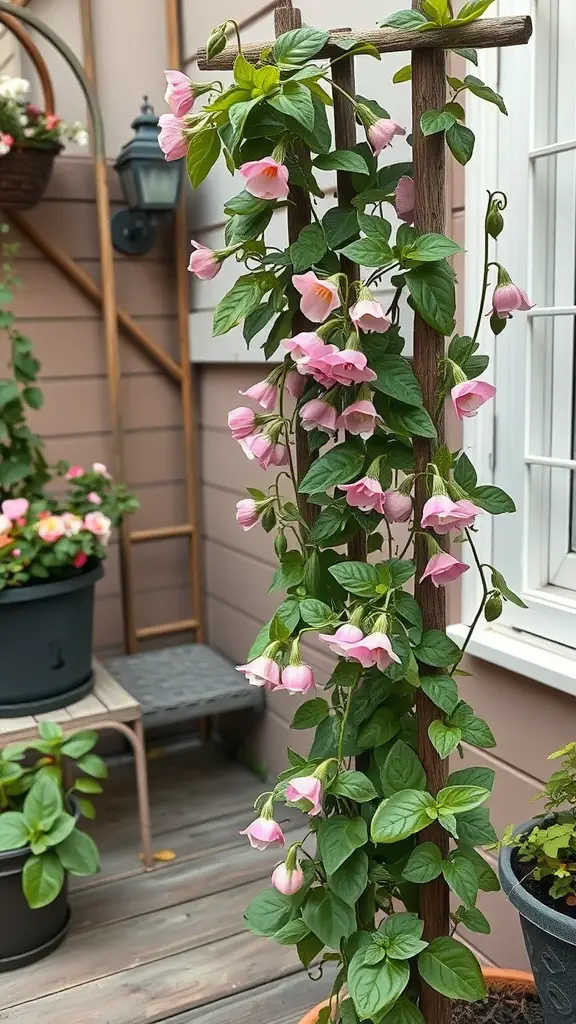 27 Stunning Potted Flowers Perfect for Your Patio 26 Petite sweet peas climbing a trellis with pink flowers on a patio.