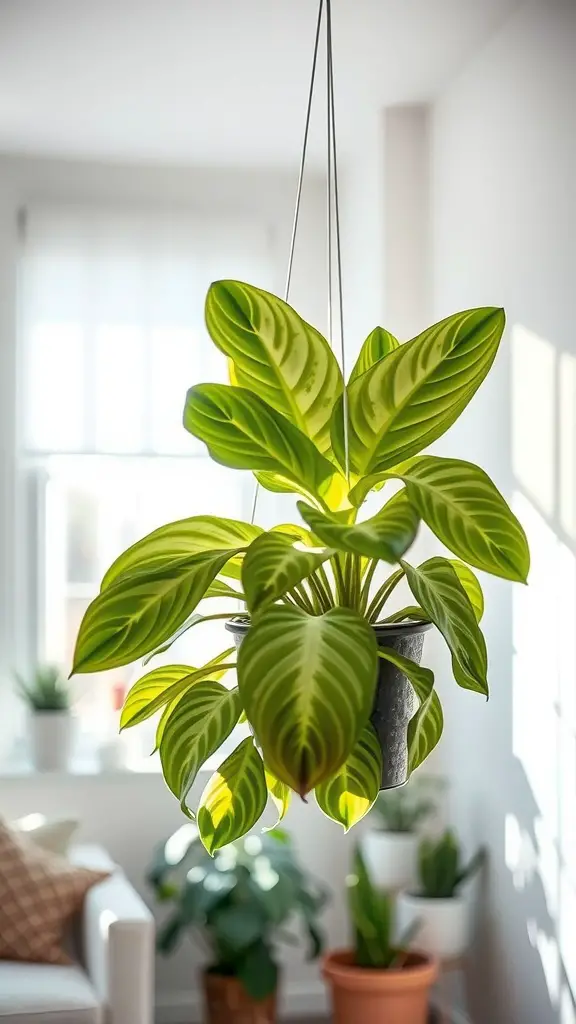 15 Stunning Hanging Plants to Beautify Your Living Room Windows 12 A vibrant Philodendron Brasil plant hanging in front of a window, showcasing its colorful leaves.