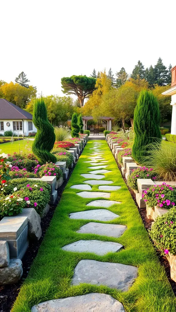 A beautiful garden pathway lined with flowers and stone stepping stones.