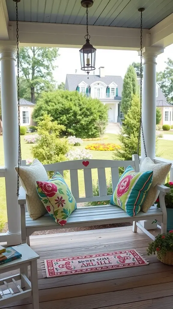 A cozy porch swing with colorful pillows, beneath a lantern, overlooking a garden.