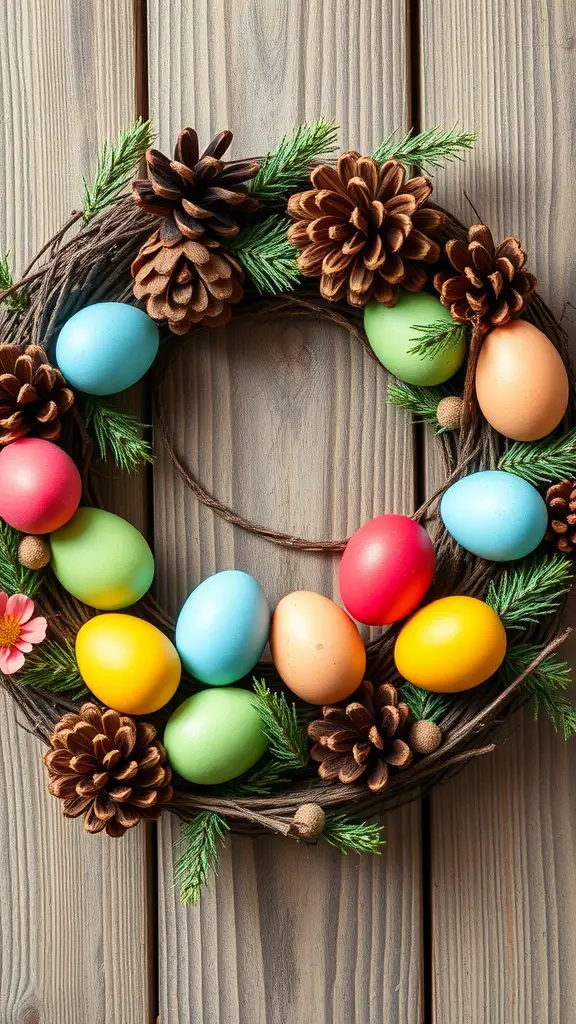 A colorful wreath decorated with pinecones and Easter eggs.