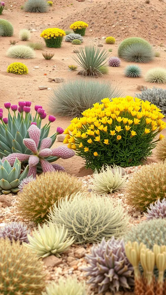 27 Stunning Ideas for Your Desert Garden Oasis 18 Colorful desert garden featuring various cacti and flowering plants in sandy soil.