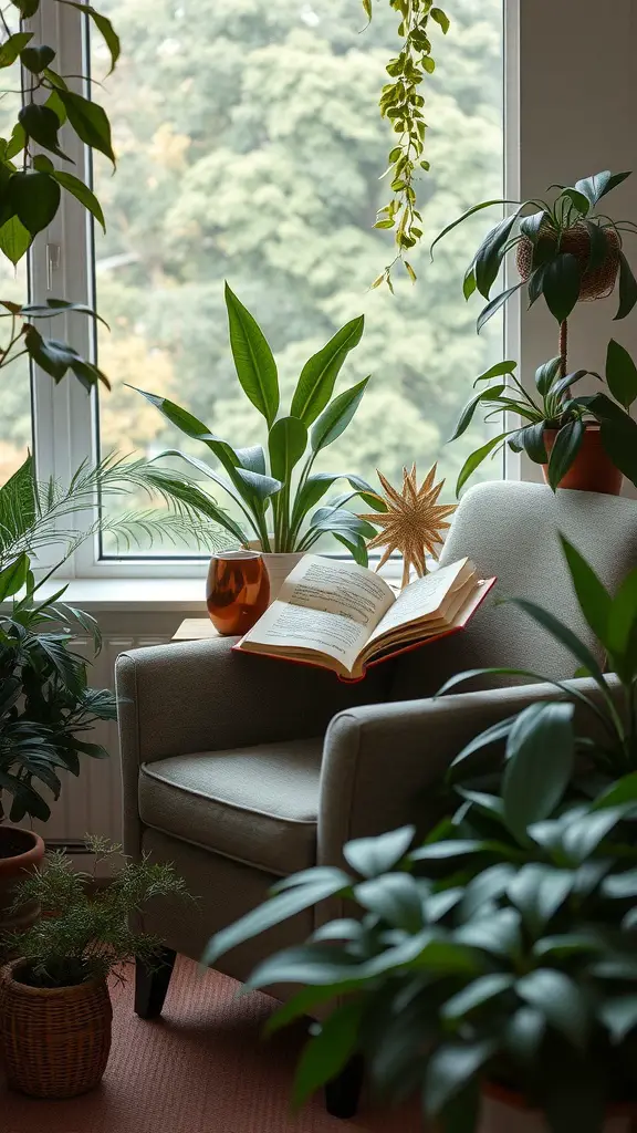 Cozy reading nook with plants and an open book.